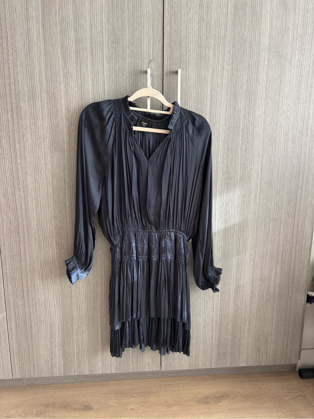 Navy Pleated Long-Sleeve Mini Dress
